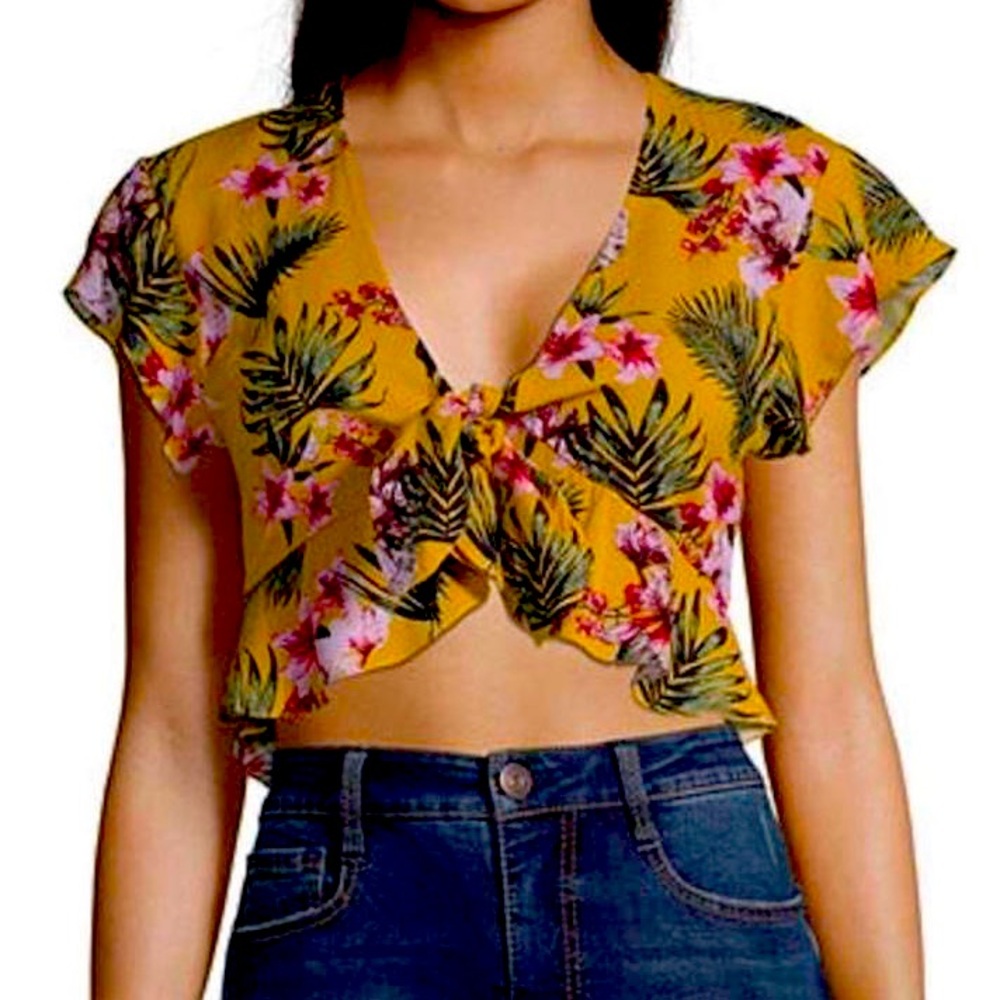 Union Bay Tropical Yellow Hibiscus Tie Crop Top